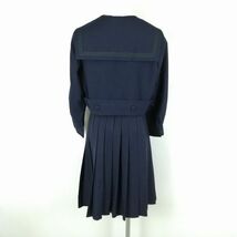 1円 セーラー服 スカート スカーフ 上下3点セット L 冬物 緑3本線 女子 学生服 中学 高校 紺 制服 中古 ランクC NA1397_画像2