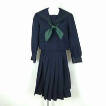 1円 セーラー服 スカート スカーフ 上下3点セット L 冬物 緑3本線 女子 学生服 中学 高校 紺 制服 中古 ランクC NA1397_画像1