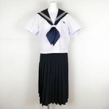 1円 セーラー服 スカート スカーフ 上下3点セット 大きいサイズ 夏物 白3本線 女子 学生服 中学 高校 白 制服 中古 ランクC NA0434_画像1