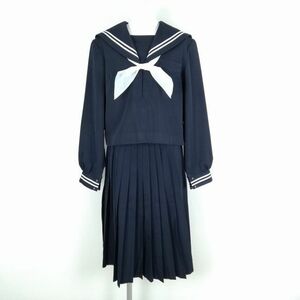 1円 セーラー服 スカート スカーフ 上下3点セット 大きいサイズ 冬物 白2本線 女子 学生服 中学 高校 紺 制服 中古 ランクC NA1028