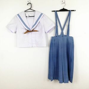 1円 セーラー服 スカート スカーフ 上下3点セット 夏物 青3本線 女子 学生服 高知南高校 白 制服 中古 ランクC NA1189