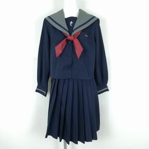 1円 セーラー服 スカート スカーフ 上下3点セット M 冬物 青1本線 女子 学生服 沖縄南星中学 紺 制服 中古 ランクC NA1425