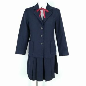 1円 ブレザー スカート リボン 上下4点セット 冬物 女子 学生服 大阪寝屋川高校 紺 制服 中古 ランクC NA1244