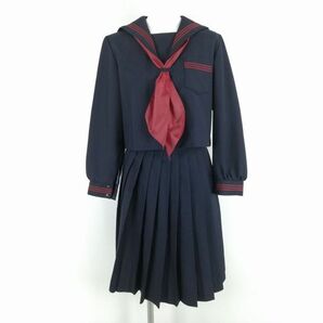 1円 セーラー服 スカート スカーフ 上下3点セット 冬物 赤3本線 女子 学生服 中学 高校 紺 制服 中古 ランクC NA1388の画像1