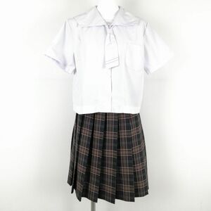 1円 セーラー服 チェックスカート 上下3点セット 大きいサイズ トンボ 夏物 女子 学生服 鹿児島紫原中学 白 制服 中古 ランクC NA1311