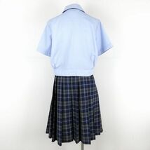 1円 ブラウス チェックスカート 紐タイ 上下3点セット L 大きいサイズ 夏物 女子 学生服 熊本第二高校 水色 制服 中古 ランクB NA1286_画像2