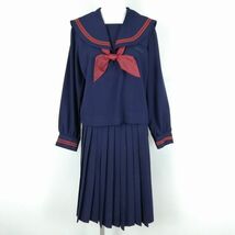 1円 セーラー服 スカート スカーフ 上下3点セット 大きいサイズ 冬物 赤2本線 女子 学生服 沖縄具志頭中学 紺 制服 中古 ランクC NA1628_画像1