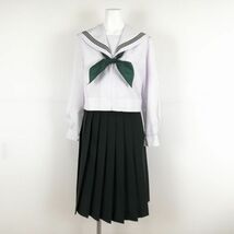 1円 セーラー服 スカート スカーフ 上下3点セット 中間服 緑3本線 女子 学生服 中学 高校 白 制服 中古 ランクC NA1192_画像1