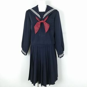 1円 セーラー服 スカート スカーフ 上下3点セット 冬物 白2本線 女子 学生服 中学 高校 紺 制服 中古 ランクC NA1145