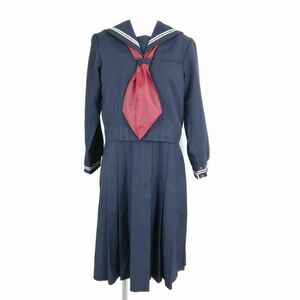 1円 セーラー服 ジャンパースカート スカーフ 上下3点セット 指定 冬物 白2本線 女子 学生服 中学 高校 紺 制服 中古 ランクC NA1231