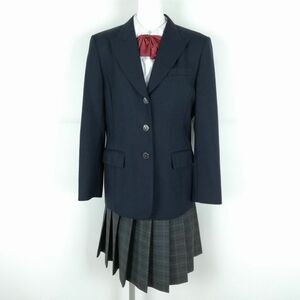 1円 ブレザー チェックスカート リボン 上下4点セット 指定 富士ヨット 冬物 女子 学生服 岡山芳泉高校 紺 制服 中古 ランクB NA1831