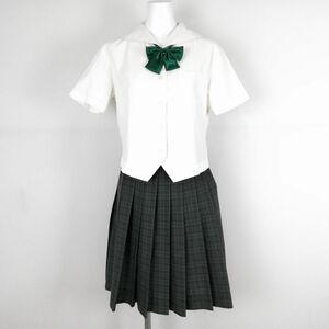 1円 セーラー服 チェックスカート リボン 上下3点セット M トンボ 夏物 女子 学生服 中学 高校 白 制服 中古 ランクC NA0930