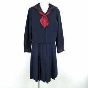 1円 セーラー服 ジャンパースカート リボン 上下3点セット 冬物 赤2本線 女子 学生服 中学 高校 紺 制服 中古 ランクC NA1570