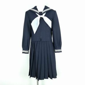 1円 セーラー服 スカート スカーフ 上下3点セット 冬物 白3本線 女子 学生服 中学 高校 紺 制服 中古 ランクC NA1027の画像1