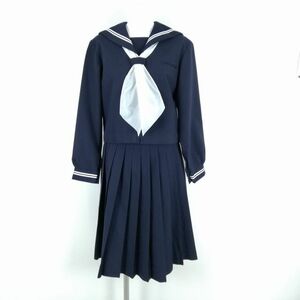 1円 セーラー服 スカート スカーフ 上下3点セット 175 冬物 白2本線 女子 学生服 中学 高校 紺 制服 中古 ランクC NA1207