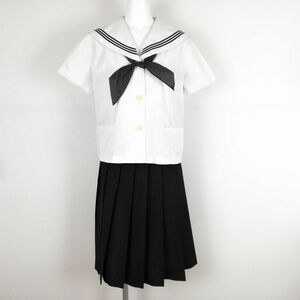 1円 セーラー服 スカート 上下3点セット L オリーブデオリーブ 夏物 青3本線 女子 学生服 香川高松工芸高校 白 中古 ランクC NA1096