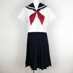 1円 セーラー服 スカート スカーフ 上下3点セット 大きいサイズ 夏物 白2本線 女子 学生服 中学 高校 白 制服 中古 ランクC NA0678