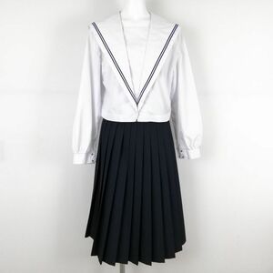 1円 セーラー服 スカート 上下2点セット 大きいサイズ 中間服 青2本線 女子 学生服 愛媛今治西高校 白 制服 中古 ランクC NA2125