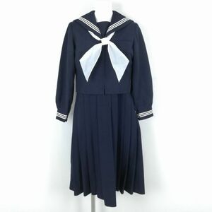 1円 セーラー服 ジャンパースカート スカーフ 上下3点セット 145A 冬物 白3本線 女子 学生服 中学 高校 紺 制服 中古 ランクC NA1614