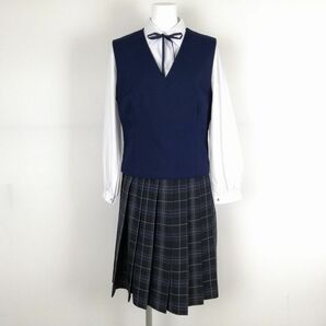 1円 ベスト チェックスカート 紐タイ 上下4点セット ミッシェルクラン 冬物 女子 学生服 中学 高校 紺 制服 中古 ランクB NA1075の画像1