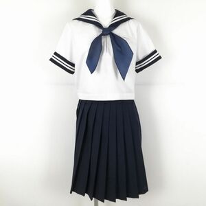 1円 セーラー服 スカート スカーフ 上下3点セット 夏物 白2本線 女子 学生服 中学 高校 白 制服 中古 ランクC NA1105