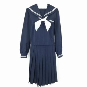 1円 セーラー服 スカート スカーフ 上下3点セット 大きいサイズ 富士ヨット 冬物 白2本線 女子 学生服 中学 高校 紺 中古 ランクC NA1279