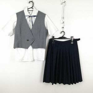 1円 ベスト スカート 紐タイ 上下4点セット 冬物 女子 学生服 中学 高校 グレー 制服 中古 ランク:C EY3509