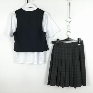 1円 ベスト チェックスカート 紐タイ 上下4点セット 夏物 女子 学生服 中学 高校 紺 制服 中古 ランク:C EY4653の画像2