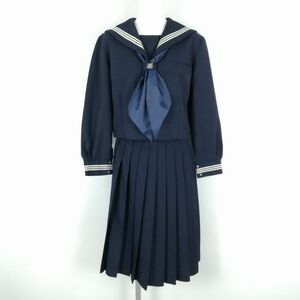 1円 セーラー服 スカート スカーフ 上下3点セット 160A 冬物 白3本線 女子 学生服 中学 高校 紺 制服 中古 ランクC NA1449