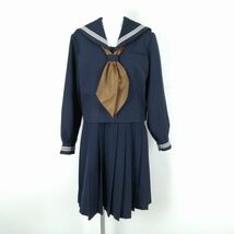 1円 セーラー服 ジャンパースカート スカーフ 上下3点セット 大きいサイズ 冬物 白3本線 女子 学生服 中学 高校 紺 中古 ランクC NA1534_画像1