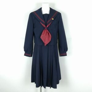 1円 セーラー服 ジャンスカミニ スカーフ 上下3点セット 指定 カンコー 冬物 赤2本線 女子 学生服 鹿児島和田中学 紺 中古 ランクB NA1833