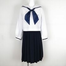 1円 セーラー服 スカート スカーフ 上下3点セット 中間服 青1本線 女子 学生服 高知西部中学 白 制服 中古 ランクC NA0931_画像1