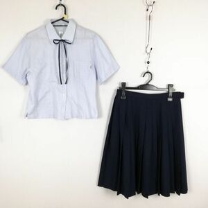 1円 ブラウス スカート 紐タイ 上下3点セット M 夏物 女子 学生服 中学 高校 水色 制服 中古 ランク:C EY4754