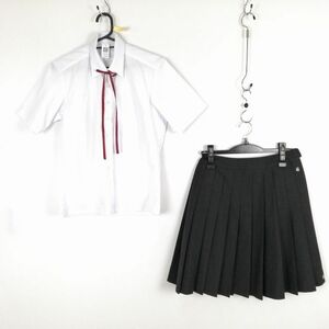 1円 ブラウス スカート 紐タイ 上下3点セット 155 夏物 女子 学生服 中学 高校 白 制服 中古 ランク:B EY4759