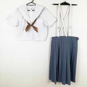 1円 セーラー服 スカート スカーフ 上下3点セット 夏物 白3本線 女子 学生服 中学 高校 白 制服 中古 ランクC NA1357