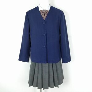 1円 イートン チェックスカート リボン 上下4点セット M 冬物 女子 学生服 中学 高校 紺 制服 中古 ランクC NA1111