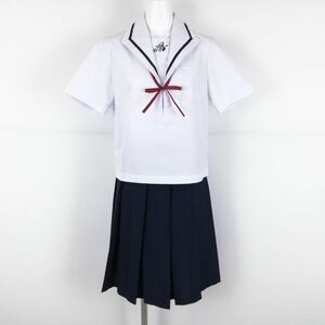 1円 セーラー服 スカート 紐タイ 上下3点セット S 夏物 黒1本線 女子 学生服 岡山朝日高校 白 制服 中古 ランクC NA1274