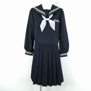 1円 セーラー服 スカート スカーフ 上下3点セット 大きいサイズ 冬物 白3本線 女子 学生服 中学 高校 紺 制服 中古 ランクC NA1338の画像1