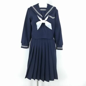 1円 セーラー服 スカート スカーフ 上下3点セット 冬物 グレー3本線 女子 学生服 中学 高校 紺 制服 中古 ランクB NA1361