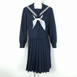 1円 セーラー服 スカート スカーフ 上下3点セット 165A 大きいサイズ ELLE 冬物 白3本線 女子 学生服 中学 高校 紺 中古 ランクC NA1447