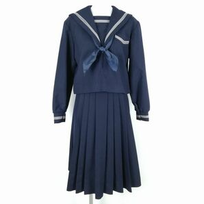 1円 セーラー服 スカート スカーフ 上下3点セット 冬物 白3本線 女子 学生服 中学 高校 紺 制服 中古 ランクC NA1374の画像1