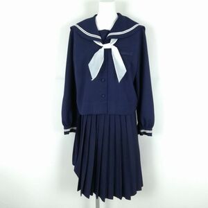 1円 セーラー服 スカート スカーフ 上下3点セット L 冬物 白2本線 女子 学生服 中学 高校 紺 制服 中古 ランクC NA1419