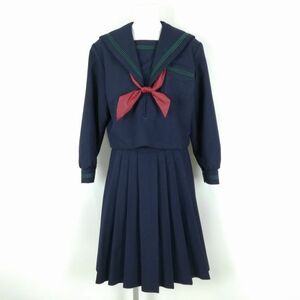 1円 セーラー服 スカート スカーフ 上下3点セット 冬物 緑3本線 女子 学生服 中学 高校 紺 制服 中古 ランクB NA1399