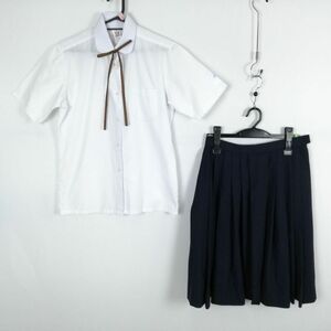 1円 ブラウス スカート 紐タイ 上下3点セット 165 カンコー 夏物 女子 学生服 中学 高校 白 制服 中古 ランク:C EY5261