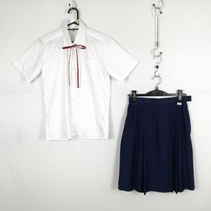 1円 ブラウス スカート 紐タイ 上下3点セット 155 夏物 女子 学生服 中学 高校 白 制服 中古 ランク:B EY5284