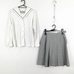 1円 セーラー服 チェックスカート 上下2点セット M 大きいサイズ 中間服 青1本線 女子 学生服 中学 高校 白 制服 中古 ランク:C EY8950