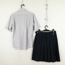 1円 ブラウス チェックスカート 紐タイ 上下3点セット 大きいサイズ 夏物 女子 学生服 大阪旭高校 グレー 制服 中古 ランク:C EY5277_画像2