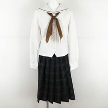 1円 セーラー服 チェックスカート スカーフ 上下3点セット L トンボ 中間服 赤1本線 女子 学生服 中学 高校 白 制服 中古 ランクC NA1430_画像1