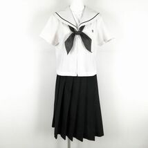 1円 セーラー服 スカート スカーフ 上下3点セット 大きいサイズ 夏物 黒1本線 女子 学生服 福岡山門高校 白 制服 中古 ランクC NA1309_画像1