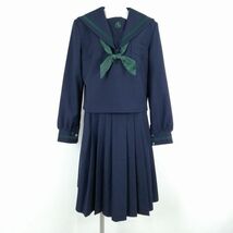 1円 セーラー服 スカート 上下3点セット 170A 大きいサイズ オリーブデオリーブ 冬物 緑3本線 大阪郷荘中学 紺 中古 ランクC NA1672_画像1